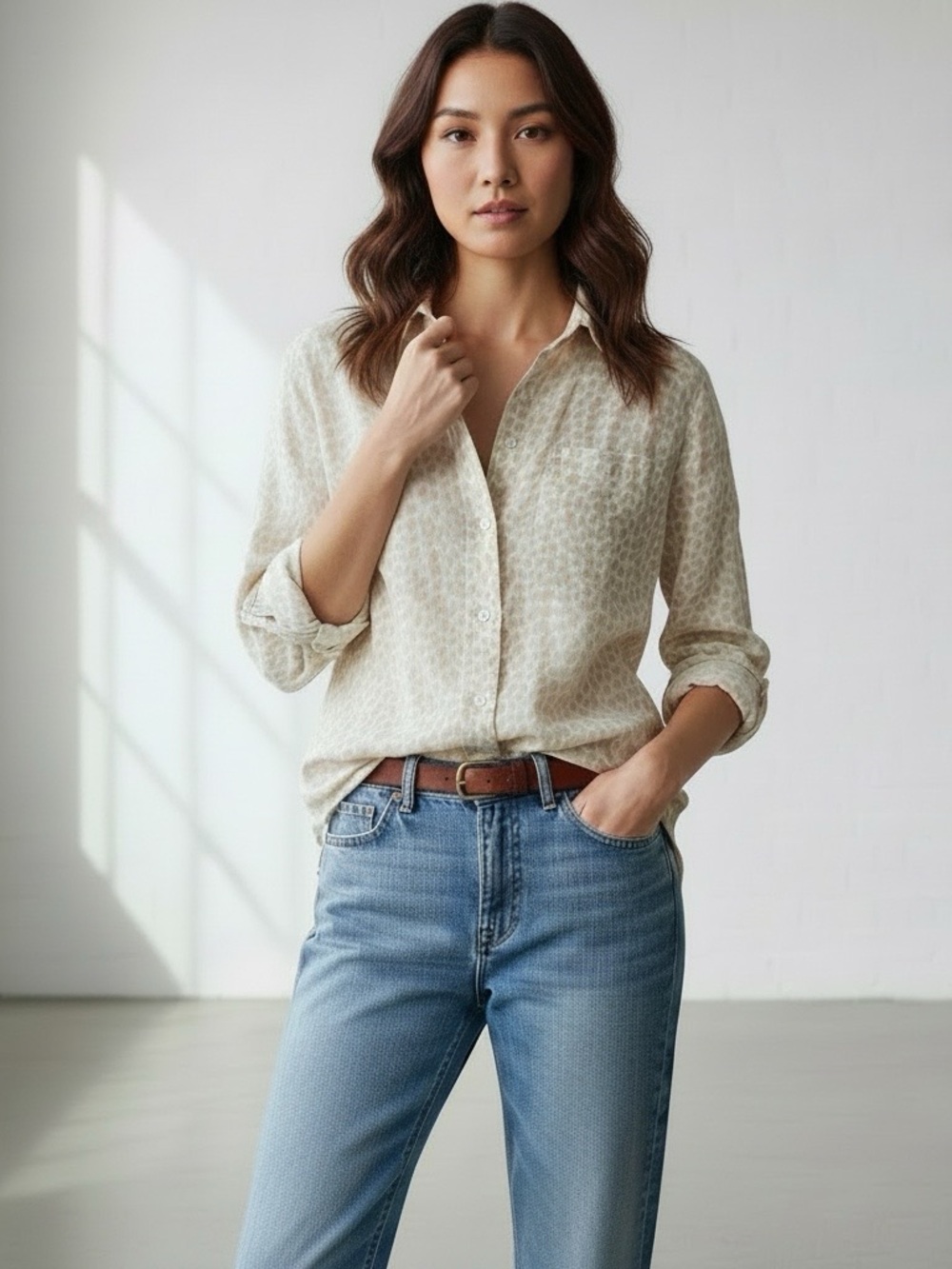 GAP Linen Button Front Long Sleeve Blouse Neutral Print Women’s Size Small